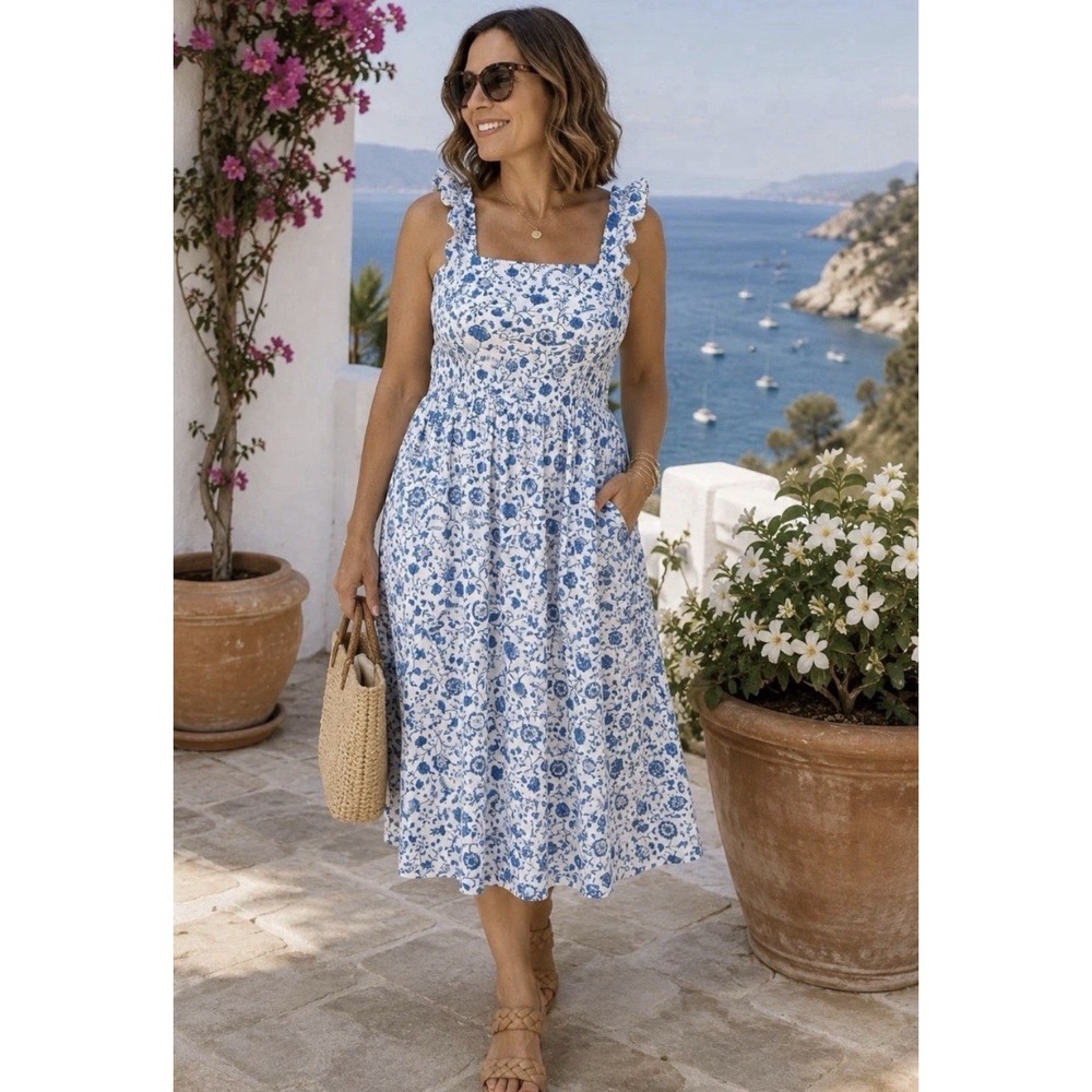 Draper James NWT Blue White Floral Midi Sundress Square Neck Ruffle Straps XL